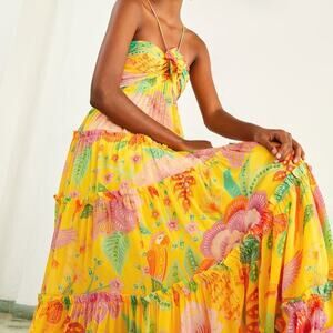 FARM RIO Macaw Blooms Rosette Maxi Dress Yellow Pink {NN10}